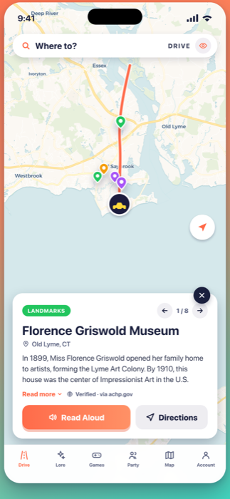 LoreRoad Drive screen: a live map with a route and a fun-fact card about the Florence Griswold Museum