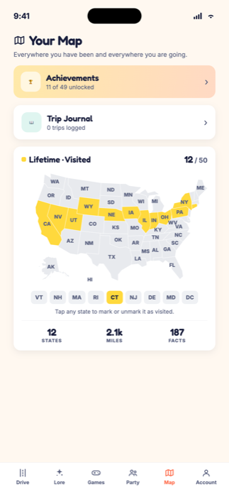 The LoreRoad map screen with visited states filled in